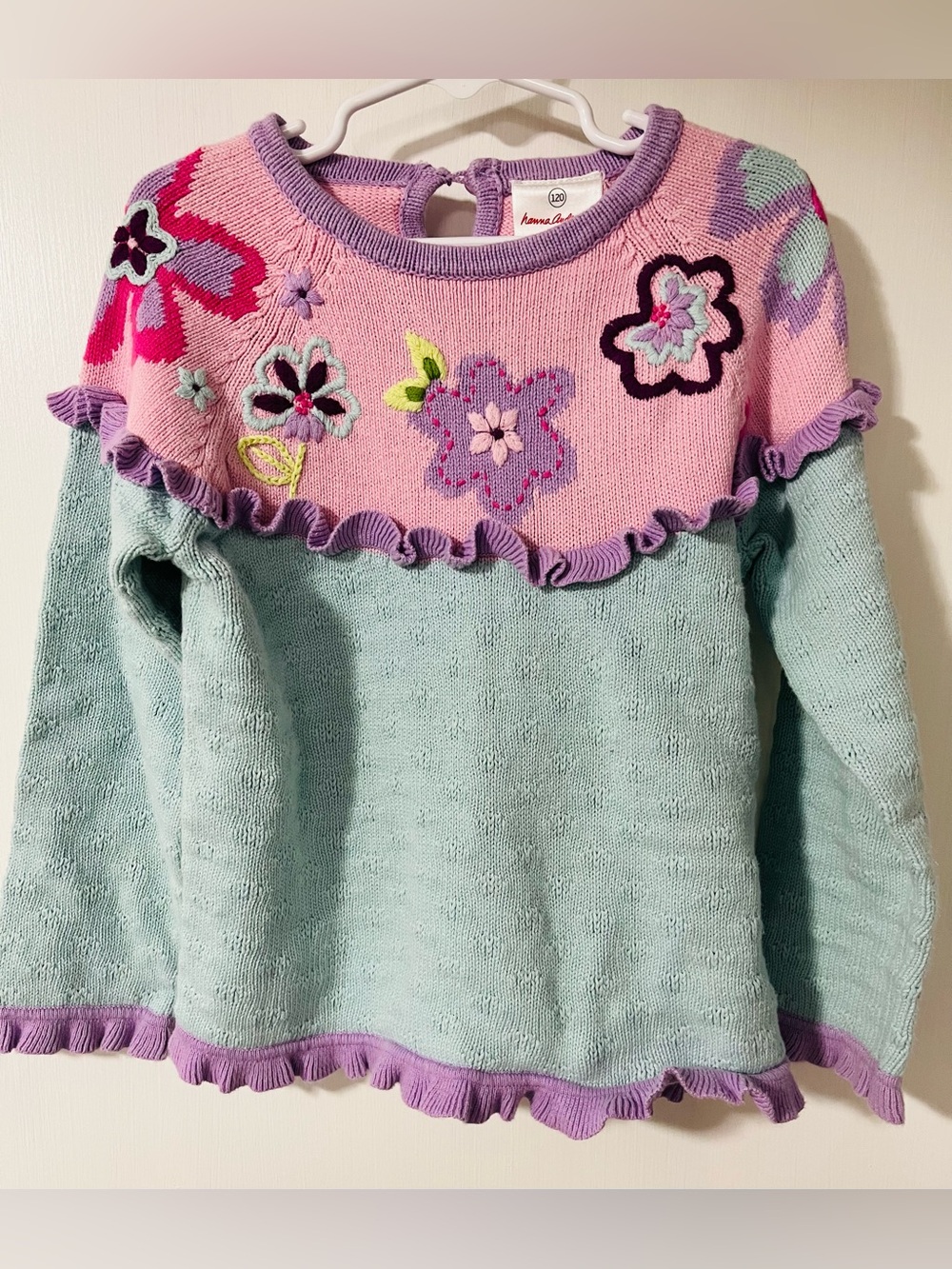 Hanna Andersson Girls Pink Floral Yoke Sweater with Light Blue Body